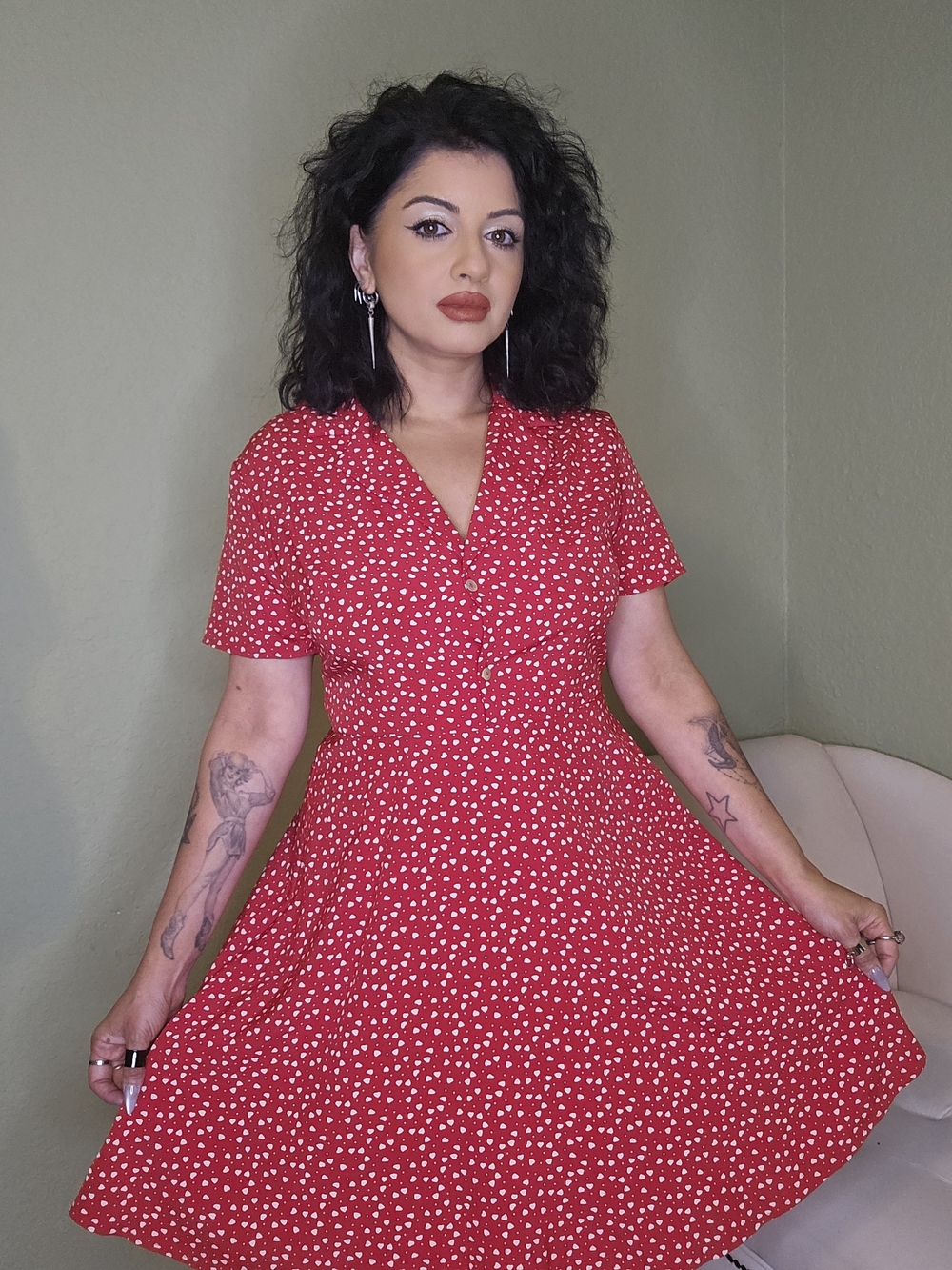 SHEIN Red Button-Front Heart-Print Mini Dress